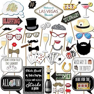 Casino Photo Booth Props - 41-pc Selfie Props with 8 x 10-Inch Sign, 60 Adhesive Pads, 45 Sticks - Las Vegas Party Decorat...