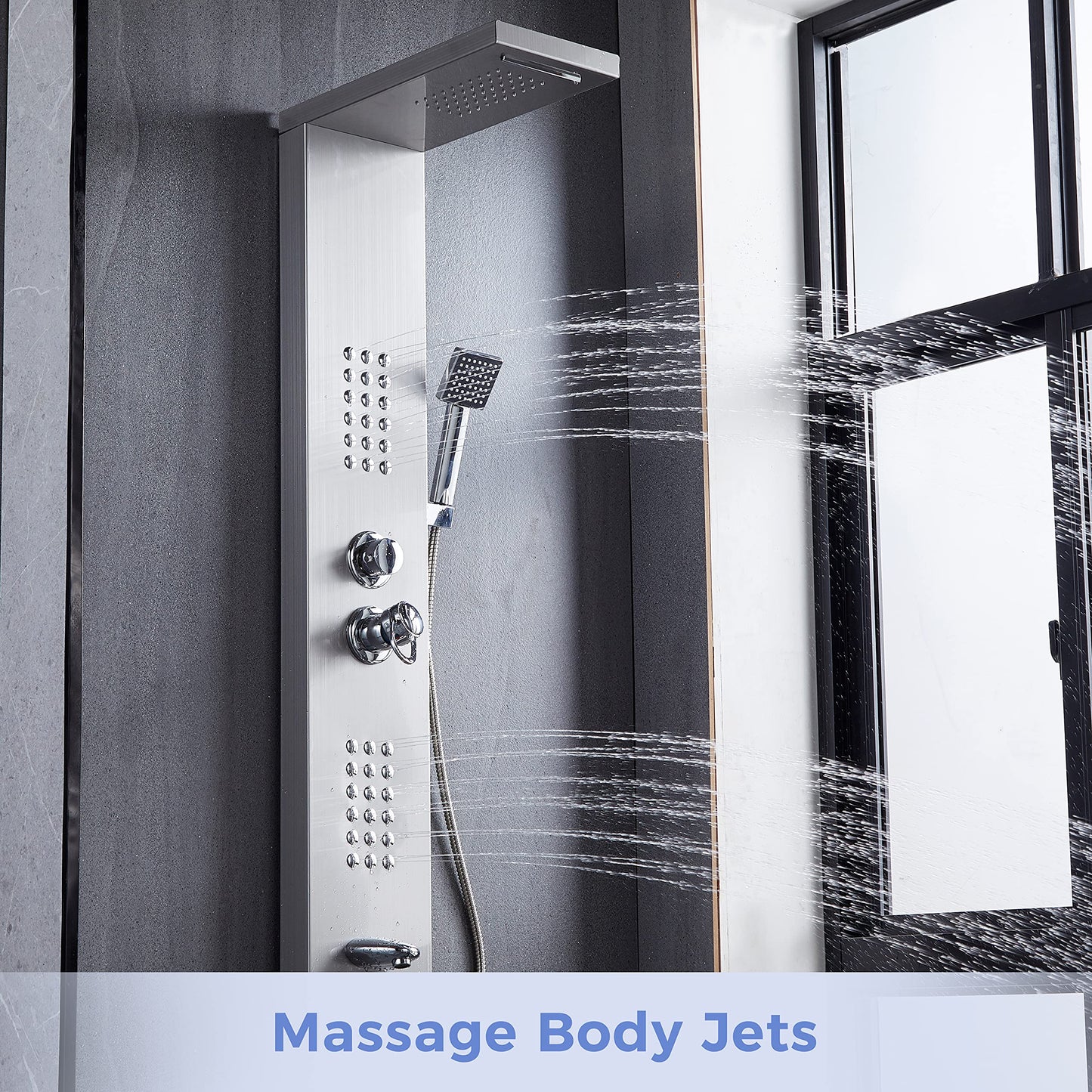 Delavin Stainless Steel Shower Panel Tower System, Wall-Mount Complete Shower Panel with Rainfall Waterfall Shower Head, Massage Body Jets, Tub Spout, Handheld Shower, Brushed Nickel