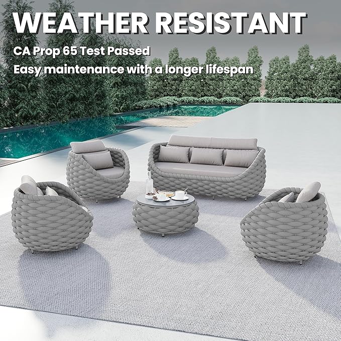 Erotr 5 Pieces Porch Patio Conversation Set: Hand Woven Rope, Rusrproof Aluminum Frame, Weather Resistant, Thick Cushions, No Assembly Furniture, Comfy Outdoor Sofa Set for Deck Yard Lawn Hotel - Gray