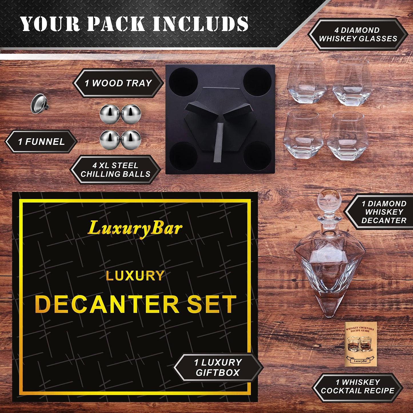 LuxuryBar Diamond Whiskey Decanter Sets for Men with ChillBall &Tray, 26oz Whiskey Decanter Set Liquor Dispenser Bourbon Decanter Whiskey Set Gifts for Men