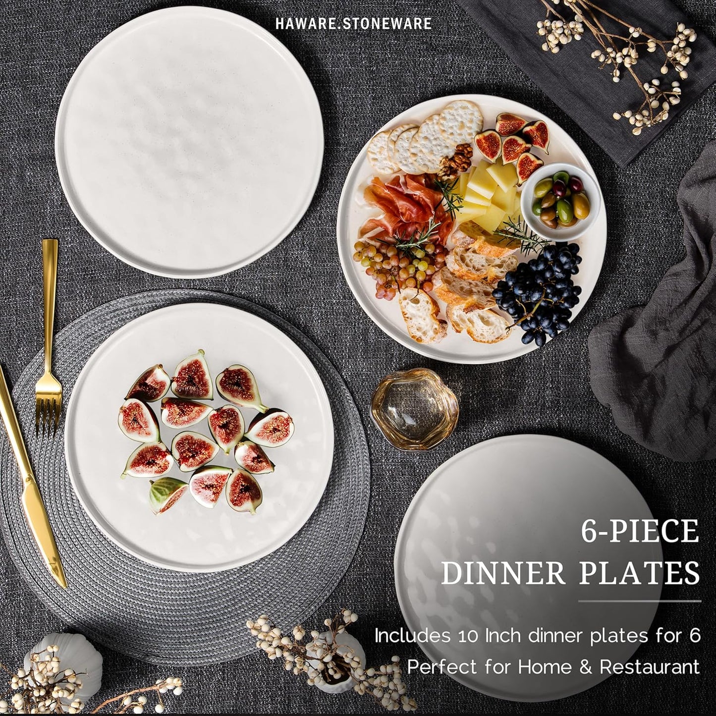 HaWare Stoneware Dinner Plates Set of 6, 10" Heavy Duty Ceramic Plate, Reactive Glaze Ripple Dinnerware for Home Restaurant, Chip and Scratch Resistant, Microwave and Dishwasher Safe, Speckled White