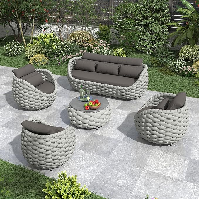 Erotr Aluminum Outdoor Seating Set: 5 Pieces Woven Rope Patio Conversation Set - Metal Sofa Set Cushioned Assembled - Modern Couch Porch Furniture for Deck Lanai Balcony Yard Poolside Hotel Resort