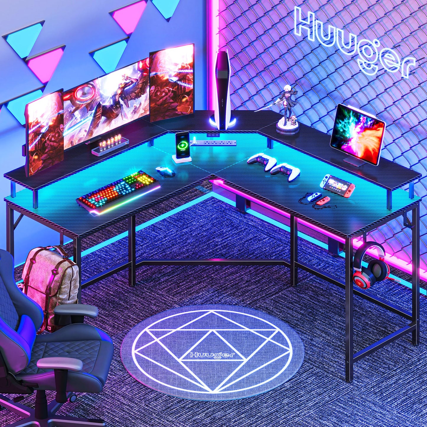 Huuger L Shaped Gaming Desk with Power Outlets & LED Lights, Computer Desk with Monitor Shelves, Carbon Fiber Surface, Home Office Desk, Corner Gaming Desk with Hooks, Carbon Fiber Black