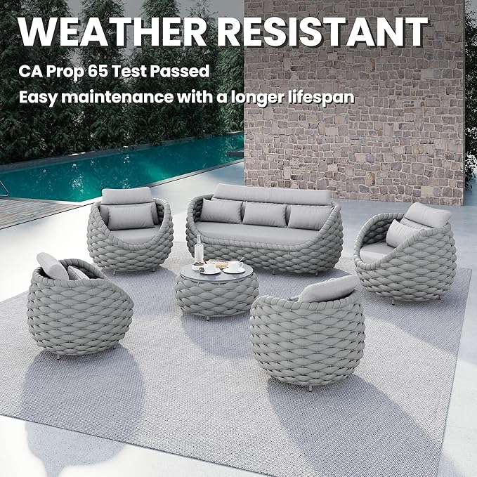 Erotr 6 Pieces Deck Patio Furniture Set: Hand Woven Rope, Rusrproof Aluminum Frame, Weather Resistant, Thick Cushions, No Assembly, Comfy Outdoor Conversation Sofa Set for Porch Yard Lawn Hotel - Gray