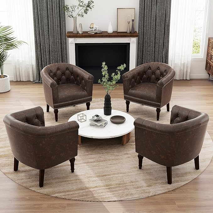 UIXE PU Leather Barrel Club Chairs Set of 6, Modern Arm Accnet Chair Comfy Upholstered Armchair, Nailhead Trim Living Room Single Sofa Reading Seat Bedroom Side Sitting for Office, Chocolate