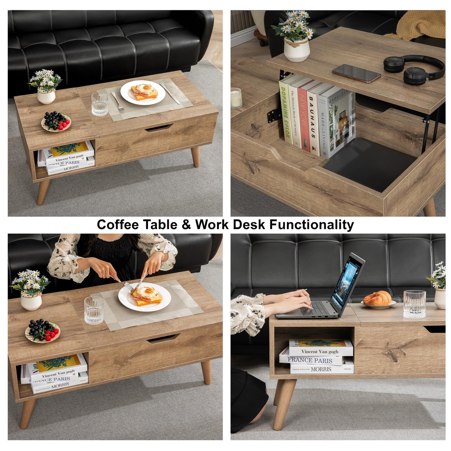 VICTORY RELAX Lift-Top Coffee Table with Hidden Storage and 2 Open Cubbies, Coffee Table with Storage for Living Room, Center Table for Living Room, Designed for Workspace and Relaxation (Grey)