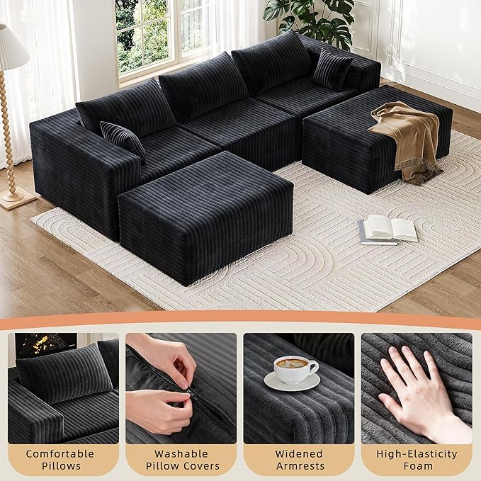CABZOON 110" Cloud Couch Sectional for Living Room U-Shape Boneless Couches Modular Sectional Sofa with Deep Seat with Chaise,No Assembly Required, Carbon Black(Plush Corduroy Fabric)