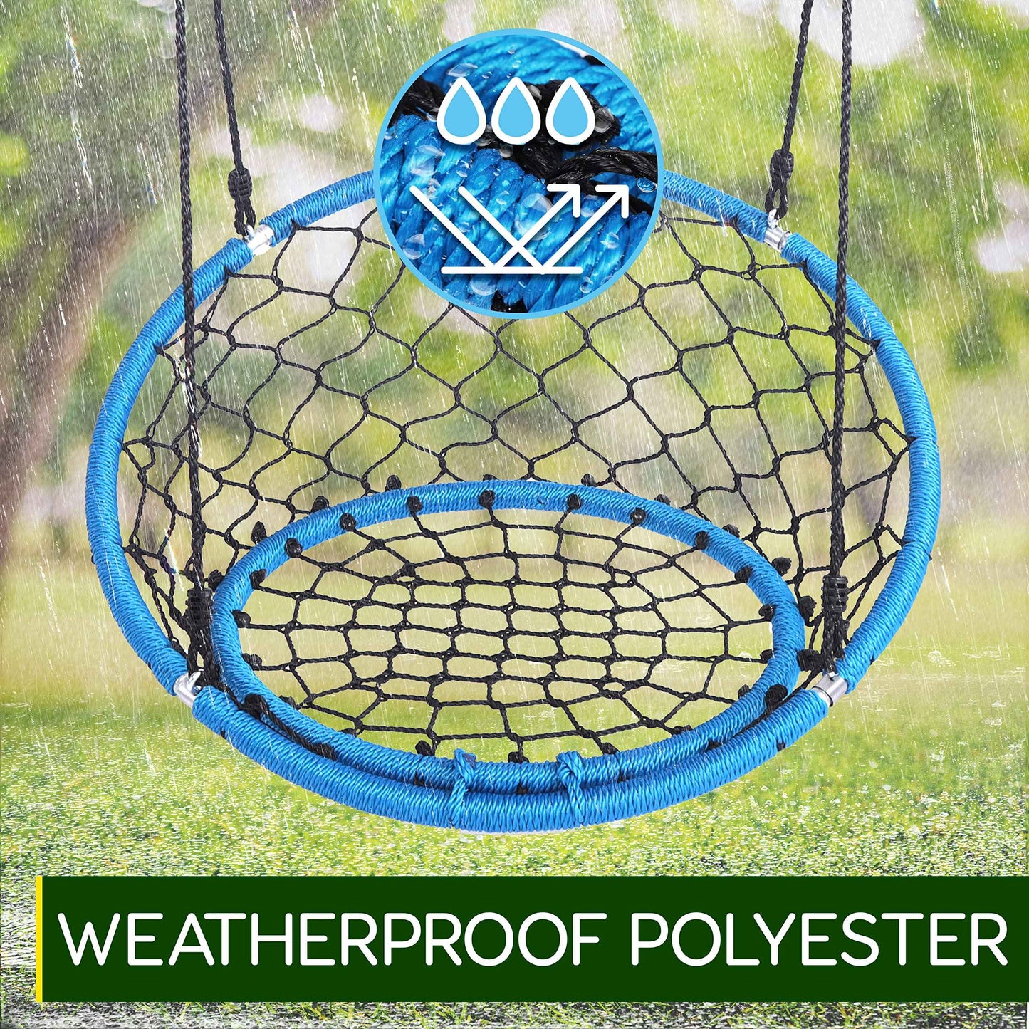 Serenelife Hanging Netted Seat Swing - 35.5" Diameter Kids Indoor Outdoor Round Circle Saucer for Trees or Sets - All-Season UV Resistant Rope Net Seat