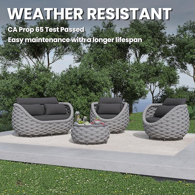 Erotr Aluminum Outdoor Patio Furniture Set: 6 Pieces Porch Rope Conversation Sofa Set - Modern Woven Deck Couch Set Cushioned - No Assembly All Weather Seating for 660lbs Yard Garden Lanai Hotel Pool