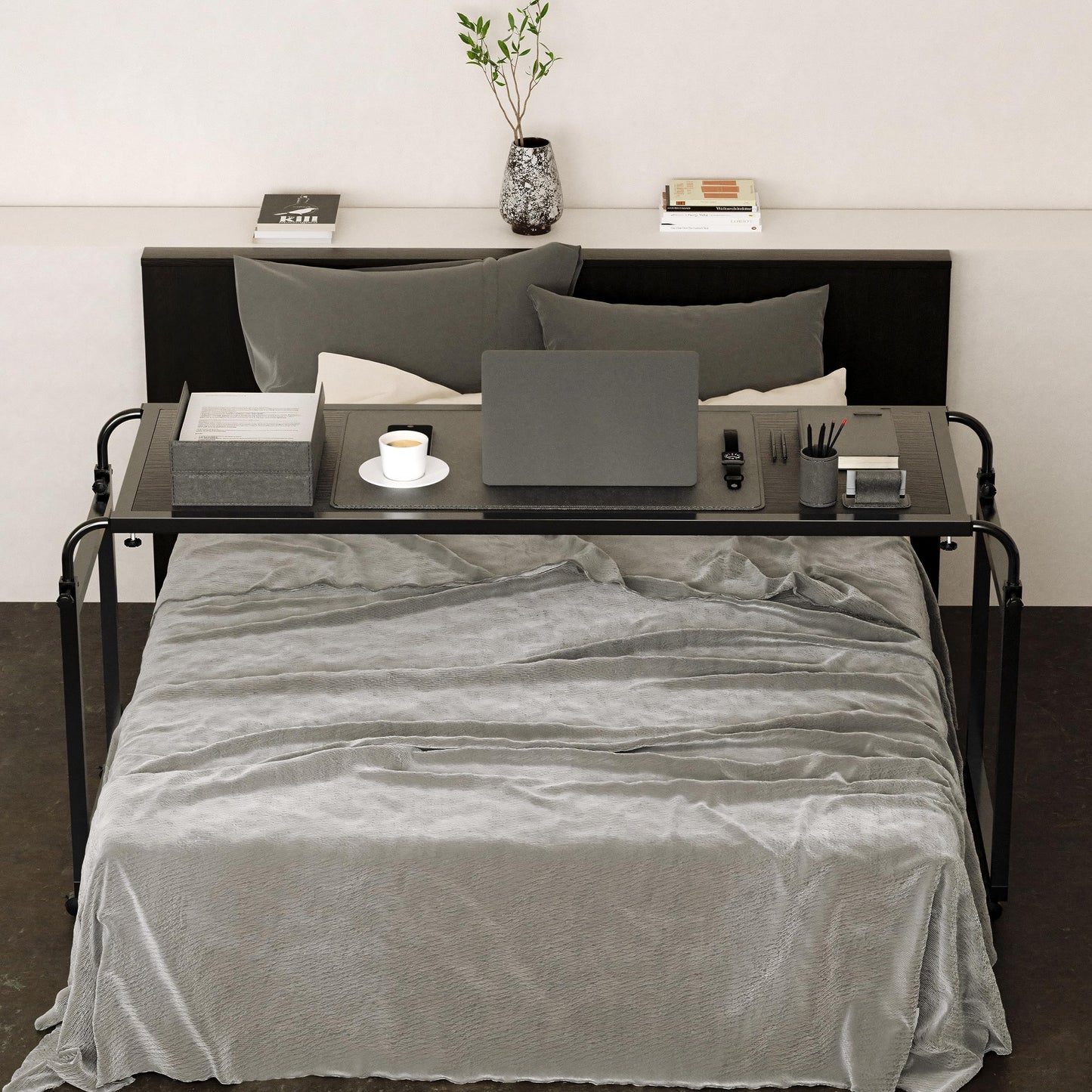 Elevon Over Bed Table with 360° Swivel Wheels & Adjustable Height, Queen Size Mobile Laptop Desk for Bed, Heavy Duty Metal Frame, Multipurpose Desk for Bed/Sofa Use (Black)