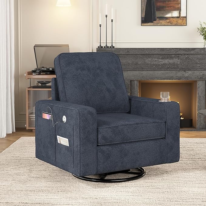 Swivel Square Accent Chair with Wide Armrests,360° Rotating Comfy Single Sofa Chairs with USB/Type-C,Cup Holder & Side Pocket,Modern Armchair for Living Room Bedroom Reading Lounge Nook,Blue | Swivel Accent Chair, with USB/Type-C, Cup Holder, Side Pocket