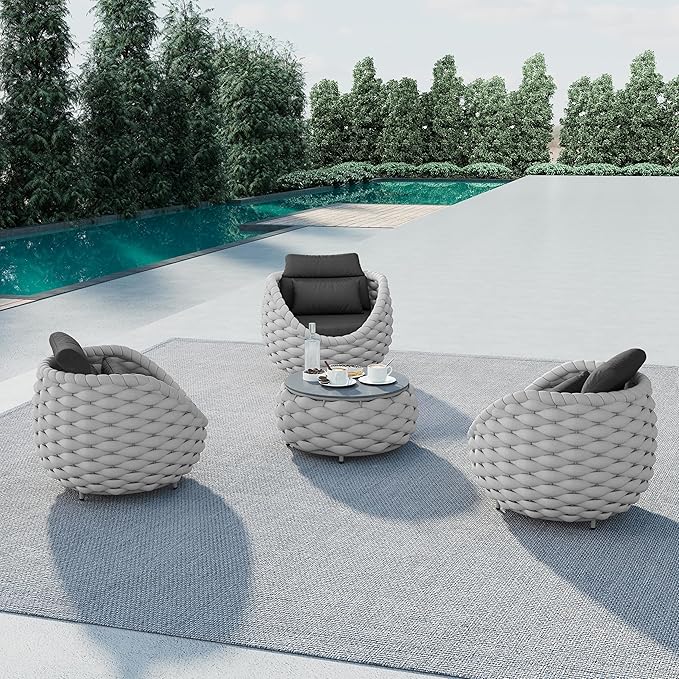 Erotr Balcony Furniture Set for Apartments: 4 Pieces Aluminum Woven Rope Patio Conversation Set - Modern Cushioned Lounge Chair Set - Assembled Porch Armchair for 400lbs Garden Lanai Poolsides Hotel