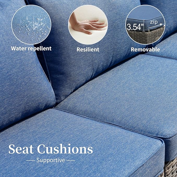 HOOOWOOO 11 Piece Patio Sectional Furniture Set with Fire Pit Table,Modern Wicker Outdoor Conversation Sofa Sets,Weather Resistant Modular L Shaped Outside Couch Swivel Chair Set(Denime Blue)