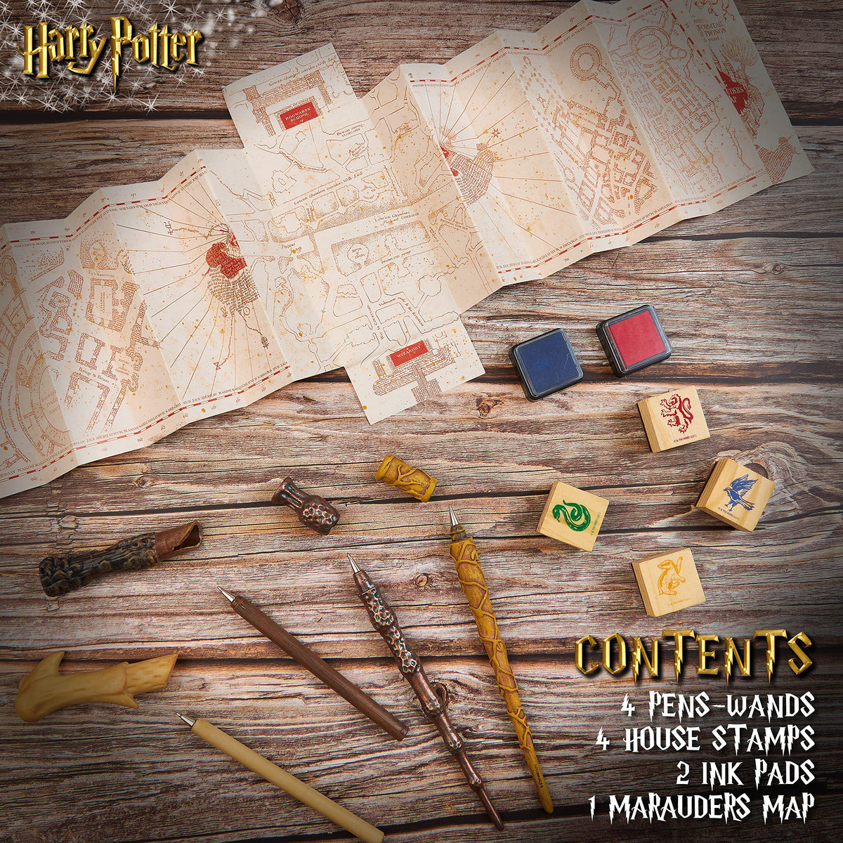 Harry Potter Stationary Set for Boys Girls with 4 Wand Pens Black Ink Marauders Map Hogwarts House Stamp Kit Cute School Supplies Gifts for Kids