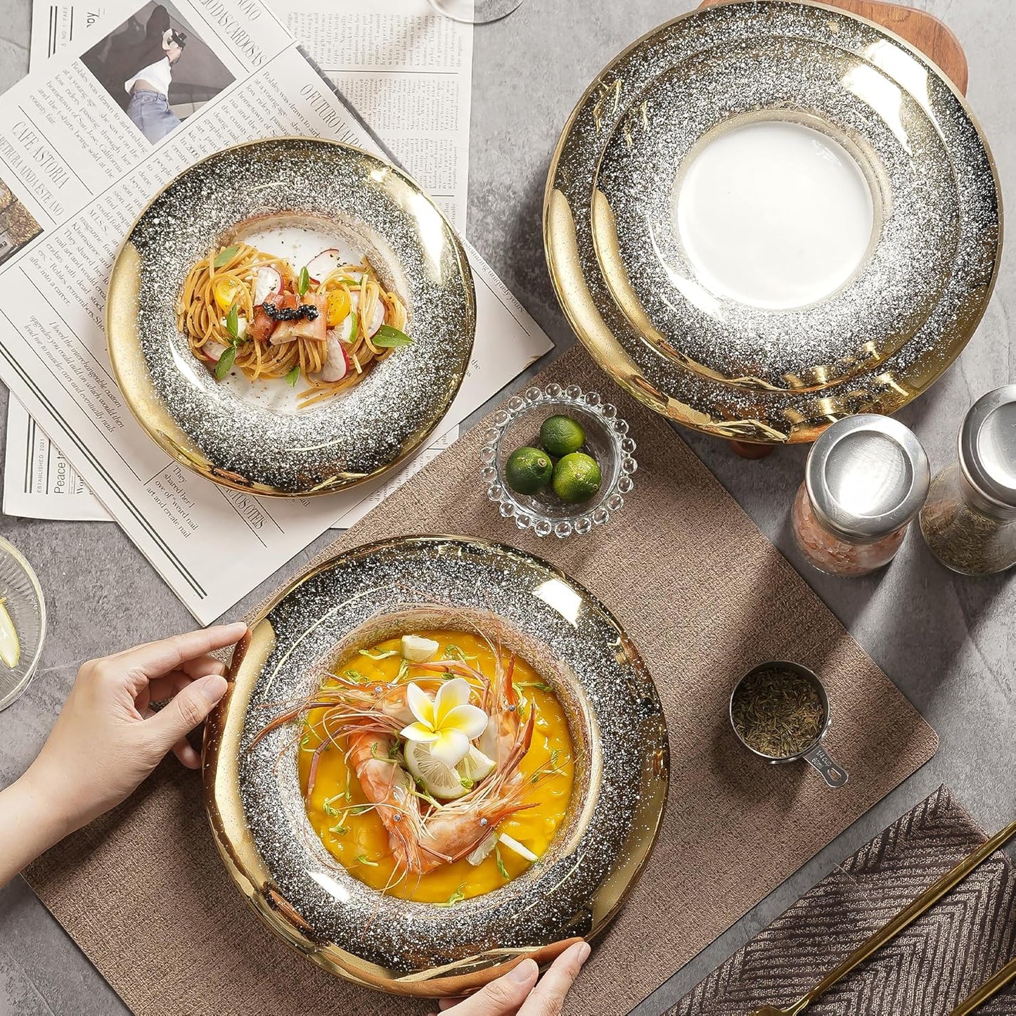 Ceramic Pasta Bowl Plates Set - Ballet Design with Gradient Gold Finish, Dinner Plates for Salad, Pasta & Sushi, Dishwasher Safe, Restaurant & Home Dinnerware