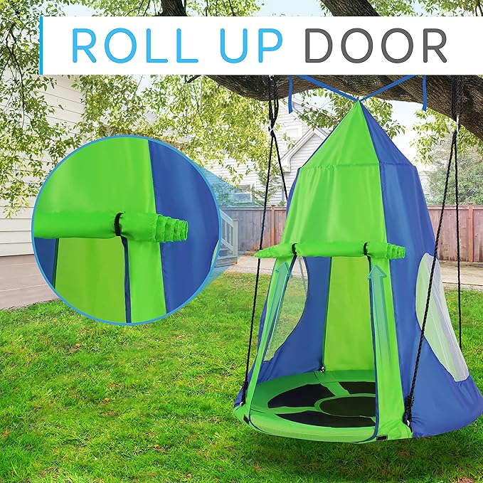 SereneLife 40" Kids Hanging Tent Swing, Outdoor Saucer Swing with Rope Straps (Green), Large