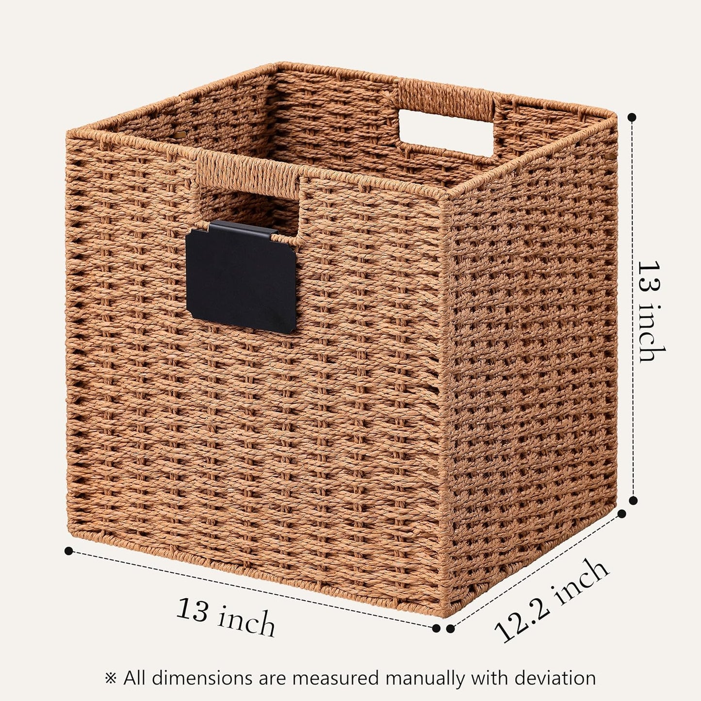 UBBCARE 4 Pack Wicker Basket, 13×13 Storage Cubes with Label, Foldable Cube Storage Bin with Handle, Square Storage Basket for Shelves, Woven Paper Rope Basket for Organizing, Caramel
