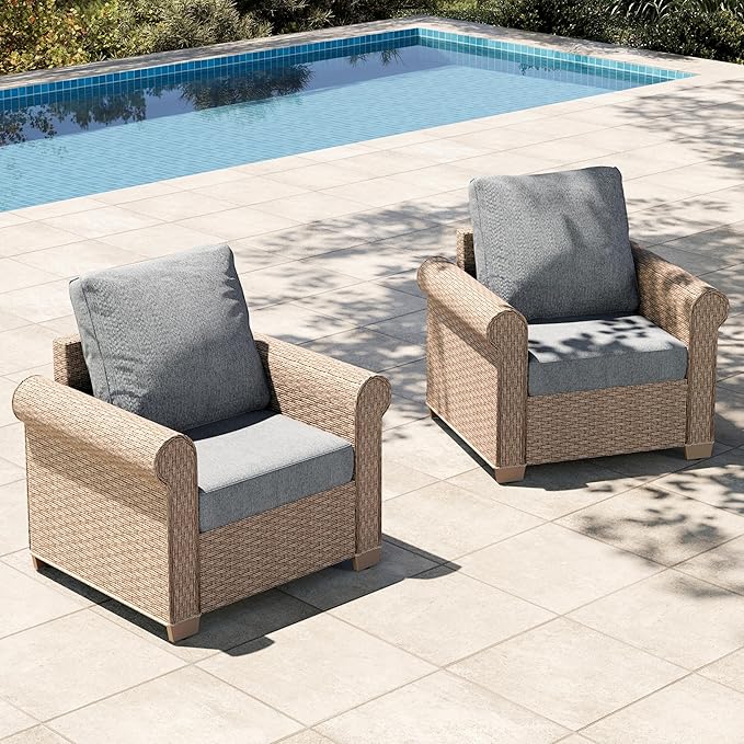HERA'S HOUSE Patio Furniture Set, 2 Pieces Outdoor Wicker Chairs with Widened 5.9" Armrests and 5.5" Thick Waterproof Cushions, All Weather Conversation Set for Lawn Backyard Garden, Grey