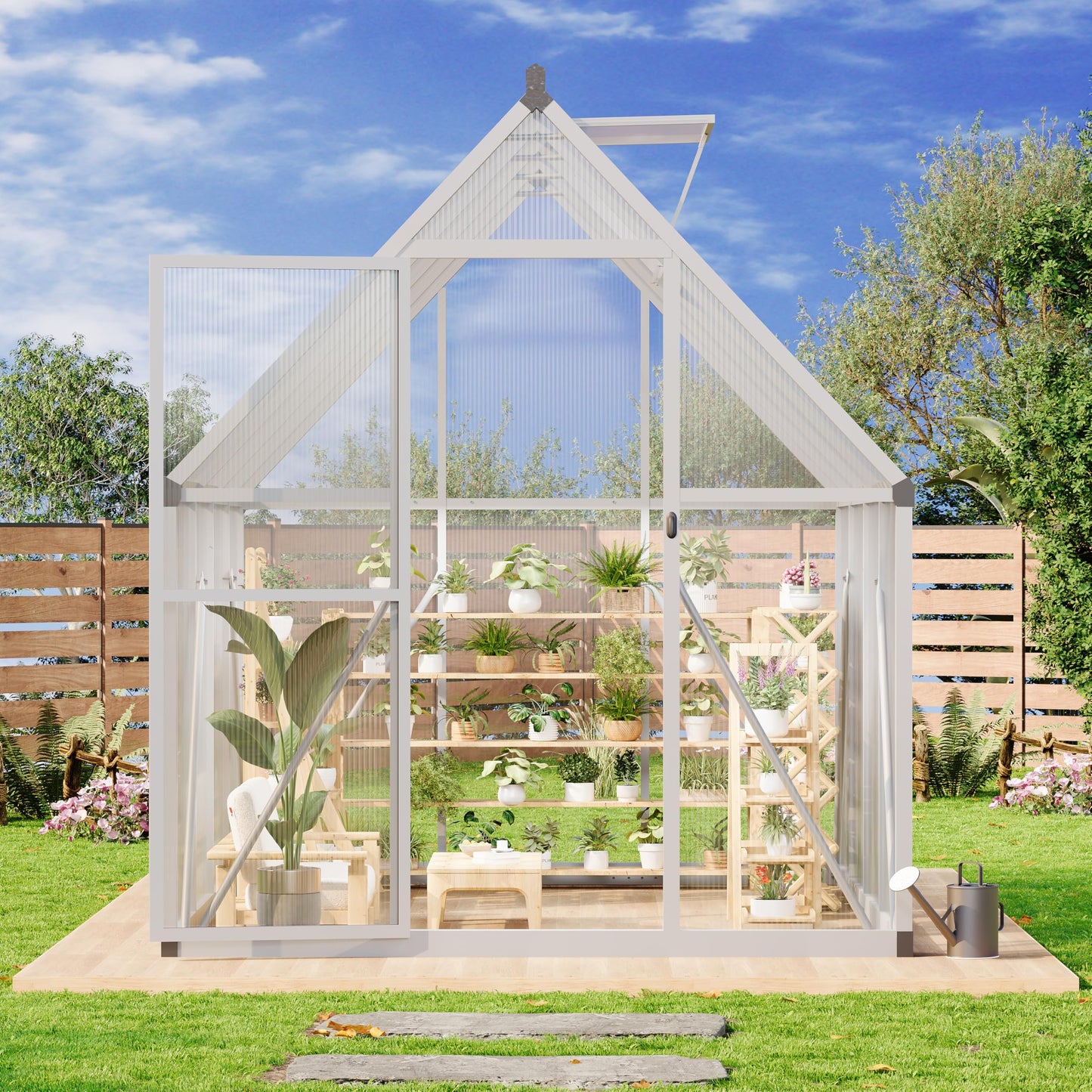 CABIHOME 8x12 FT Outdoor Greenhouse, Polycarbonate Greenhouse with Roof Vent and Ground Nails, Aluminum Large Walk-in Green House w/ Lockable Push Door for Outdoor Garden (Silver - 1, 6x7 FT)