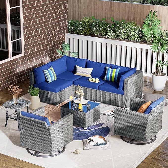 HOOOWOOO 8 Piece Patio Sectional Furniture Set with Swivel Rocking Chairs,Modern Wicker Outdoor Conversation Sofa Sets,Weather Resistant Modular L Shaped Outside Couch Set(Navy Blue)