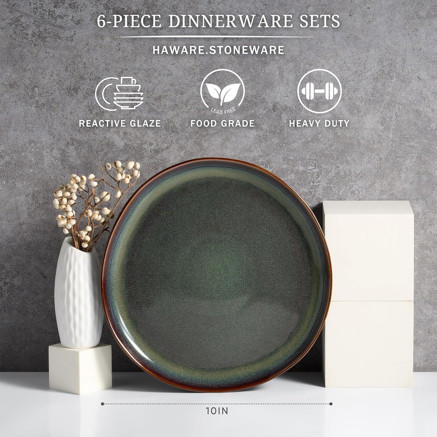 HaWare Stoneware Dinner Plates Set of 6, 10" Heavy Duty Ceramic Plates, Reactive Glaze Dinnerware for Home Restaurant, Chip and Scratch Resistant, Microwave and Dishwasher Safe, Reactive Moss Green