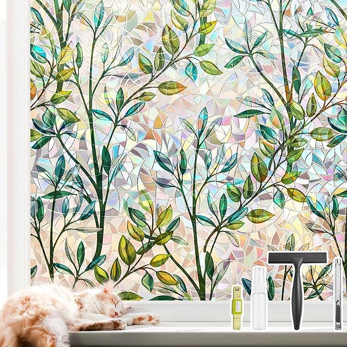 NINETREX Window Privacy Film Stained Glass Window Film 3D Decorative Cling,Sun Blocking Static Cling Removable Film for Glass Door,Home Decor Window Cover Non-Adhesive 17.5 x 157.4 inches,Leaf