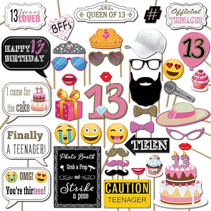 13th Birthday Photo Booth Props - 41-pc Photo Prop Kit with 8 x 10-Inch Sign, 60 Adhesive Pads, 45 Sticks - Teen Girl Phot...