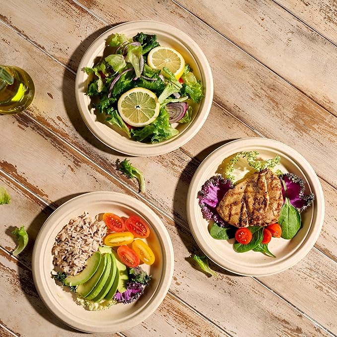 100% Compostable Paper Plates Heavy Duty - 150 Pack Biodegradable Disposable Plates – 9” Brown Disposable Dinner Plates Made of Eco-Friendly, Natural Unbleached Sugarcane Bagasse, Microwavable Plates