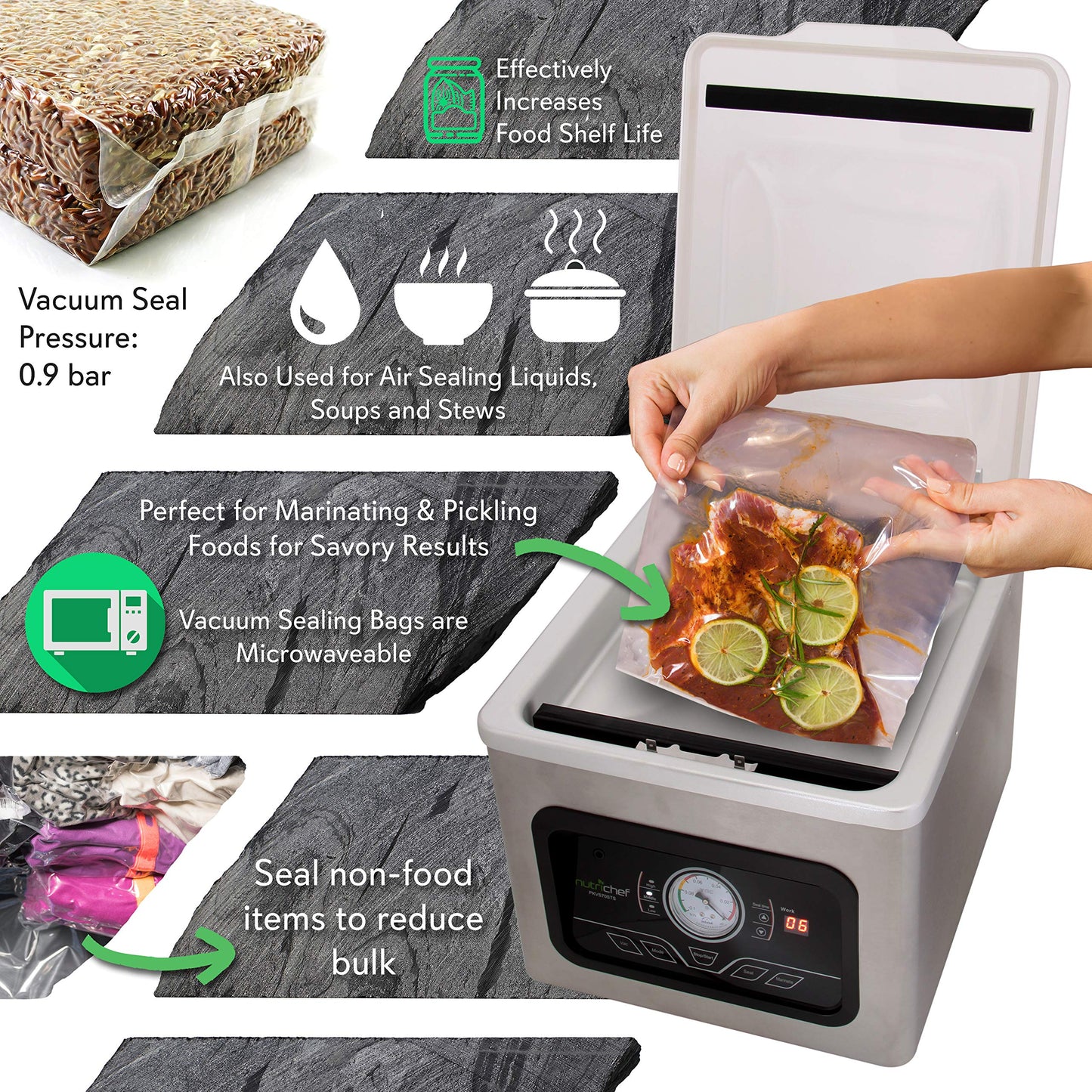 Nutrichef 350W Chamber Vacuum Sealing Machine - Automatic 8L Sealer System With Digital Controls, Airtight Bags For Food Preserv