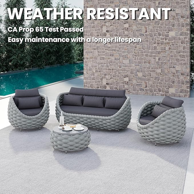 Erotr Rope Patio Furniture Set: 4 Pieces Aluminum Outdoor Couch Set Cushioned - Assembled Conversation Sofa Set Modern - Metal Porch Seating for 5 Person - All Weather for Deck Garden Poolside Hotel