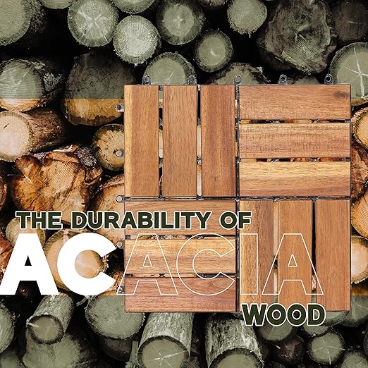 VICTORY RELAX Acacia Wood Decking Tiles 9PCS - Easy Snap Interlocking Deck Tiles for Patio Poolside Balcony Decor - All Weather Waterproof Flooring for Indoor & Outdoor (Round Joints)