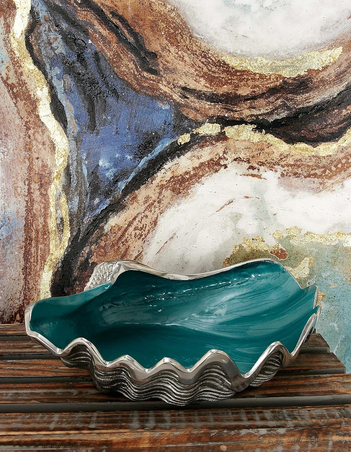 Deco 79 Aluminum Metal Shell Serving Bowl Shell with Enamel Interior, 12" x 9" x 3", Teal