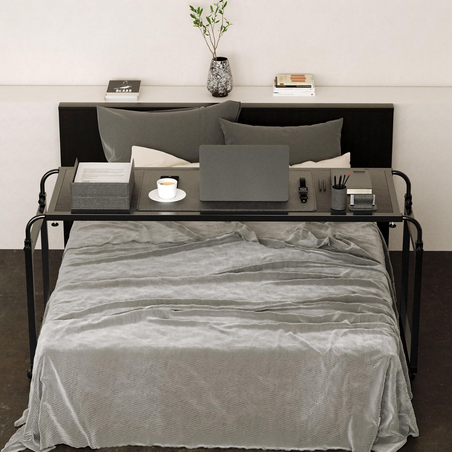 Elevon Overbed Table with Wheels Desk Over Bed King Queen Laptop Wheels, Black