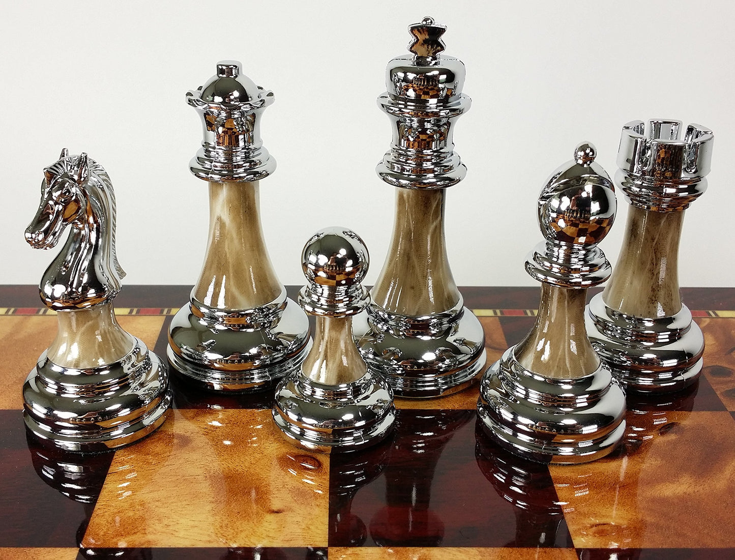 Staunton Chrome & Black Chrome Chess Men Set W 18" Gloss Cherry Color Board