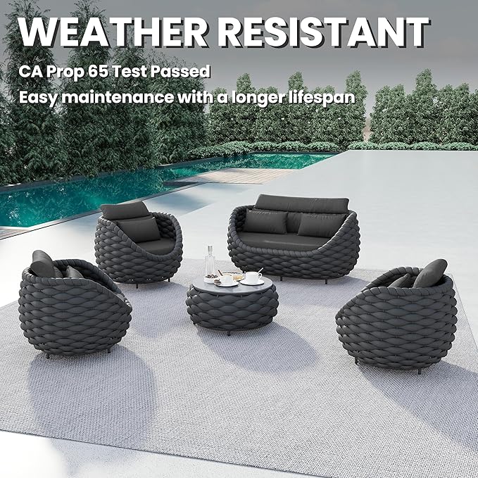 Erotr Aluminum Outdoor Seating Set: 5 Pieces Woven Rope Patio Furniture Conversation Set - Modern Deck Loveseat Set Cushioned - Assembled Metal Porch Lounge Set for Yard Garden Lanai Hotel, Dark Grey