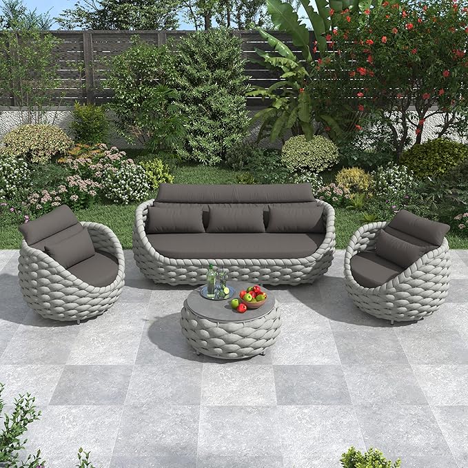Erotr Rope Patio Furniture Set: 4 Pieces Aluminum Outdoor Couch Set Cushioned - Assembled Conversation Sofa Set Modern - Metal Porch Seating for 5 Person - All Weather for Deck Garden Poolside Hotel