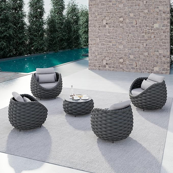 Erotr 5 Pieces Balcony Seating Set: Aluminum Woven Rope Patio Chair Furniture Set - All Weather Metal Outdoor Conversation Set - Assembled Armchair with Table for Bistro Deck Porch Apartment Hotel