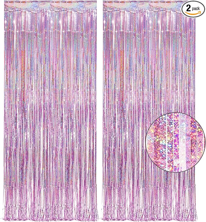 Pink Tinsel Curtain Party Backdrop - GREATRIL Foil Fringe Curtain Lilac Pink Party Streamers for Birthday Girl Princess Ba...