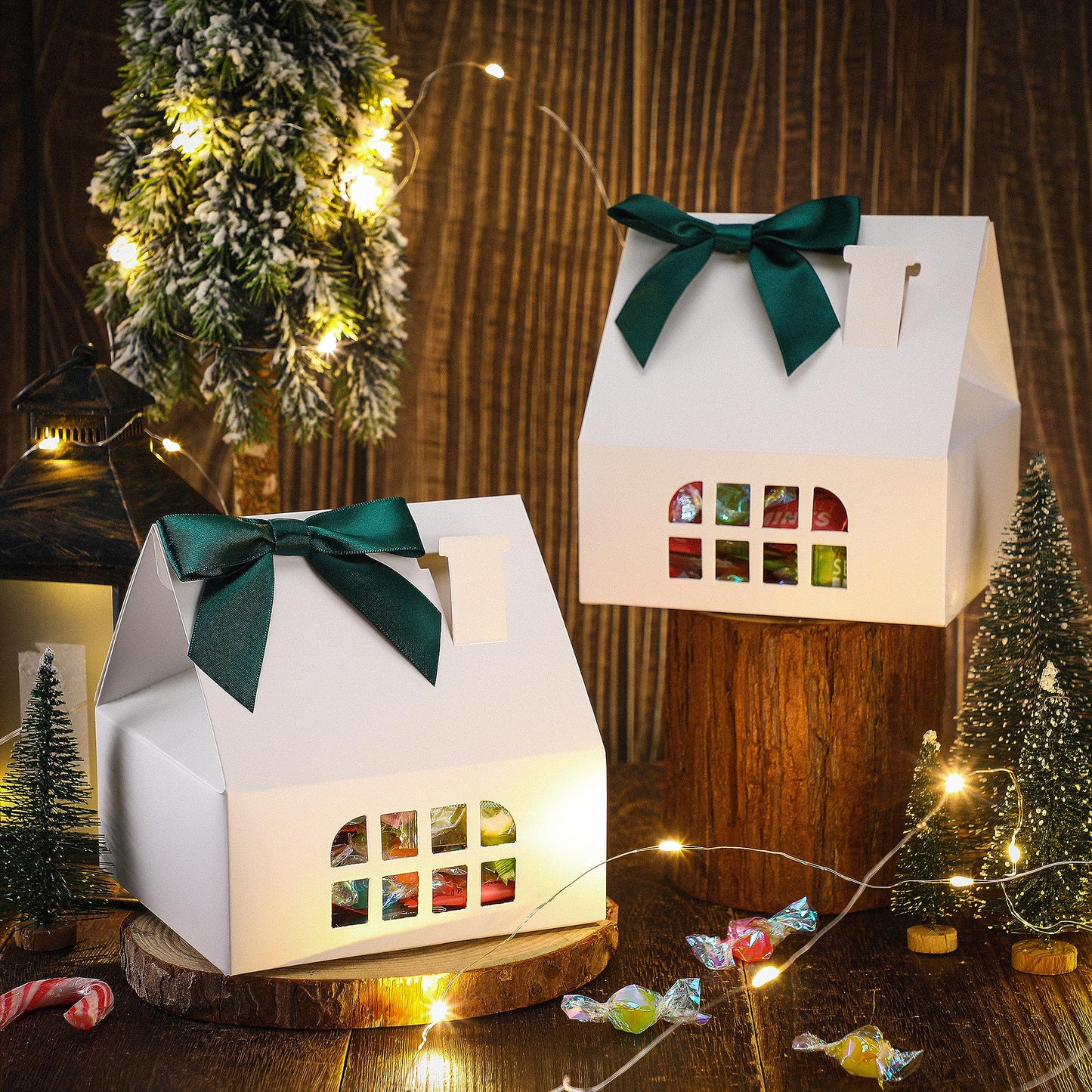 Cholemy 36 Pcs House Shaped Gift Boxes with Bow, 4.9 x 4.9 x 4.9 Inch House Shaped Paper Candy Treat Dessert Biscuit Cookie Box Gift Wrap for Wedding Birthday Party Christmas(White, Green)