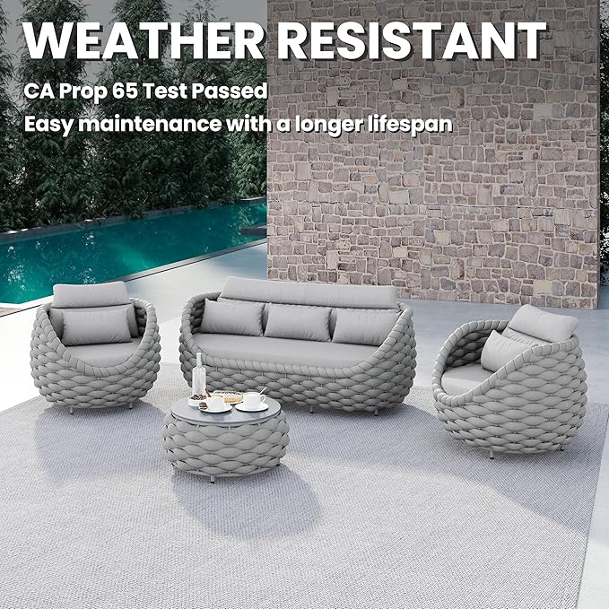 Erotr 4 Pieces Woven Rope Patio Conversation Set: Rustproof Aluminum Frame, Weather Resistant, Thick Cushions, No Assembly, Easy to Clean, Comfy Outdoor Sofa Set for Porch Deck Yard Hotel - Gray