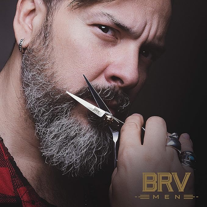 BRV MEN Professional Mustache & Beard Trimming Scissors - 5.5" | High Carbon Stainless Steel & Hammer Forged Mustache Scissors | Razor Sharp Facial Hair Trimming Shears (RIGHT HANDED - Silver)
