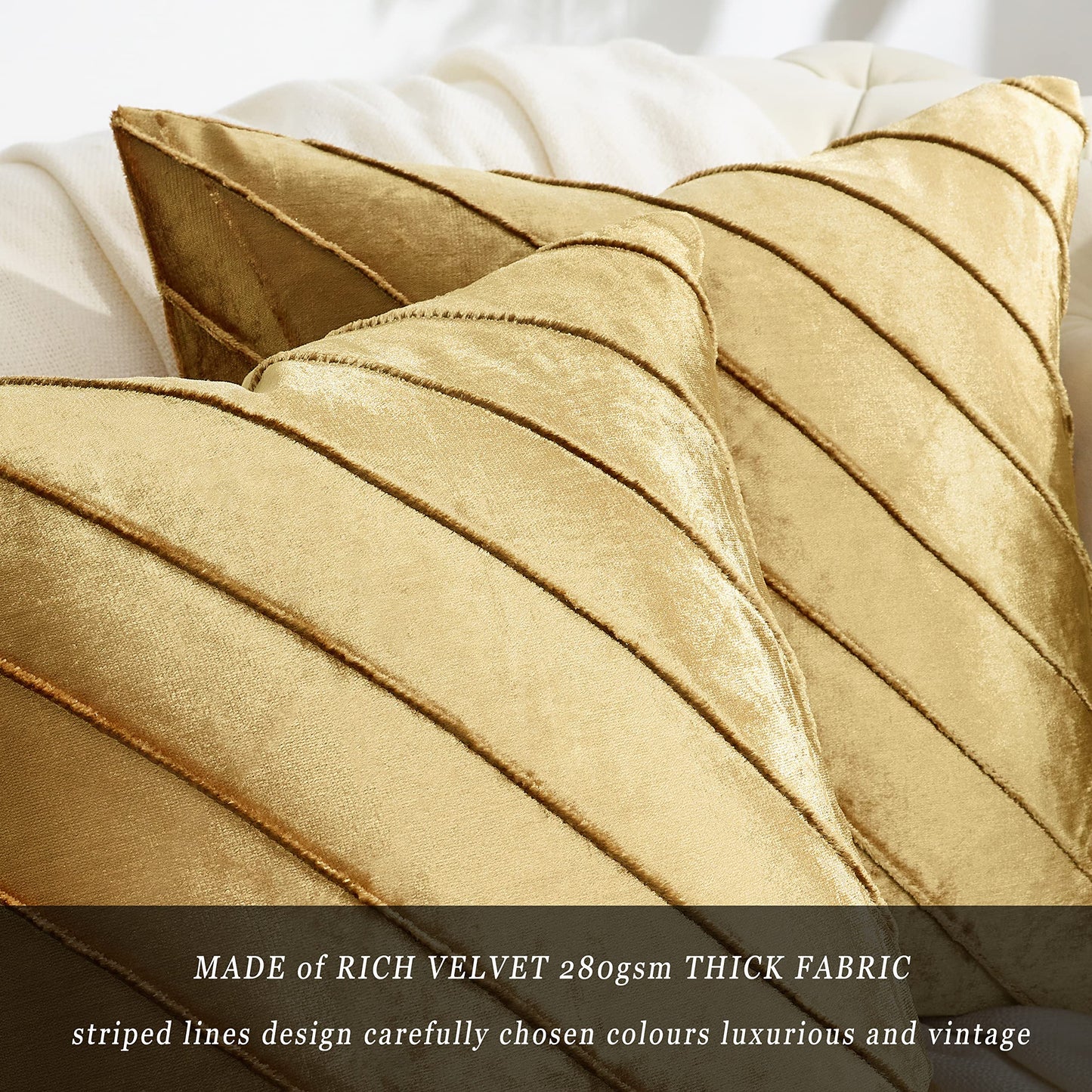 GIGIZAZA Decorative Velvet Pillow Covers 18x18, Set of 2 Gold Sofa Couch Throw Pillows Covers Cases, Living Room Square Cushion Accent Stripe Covers