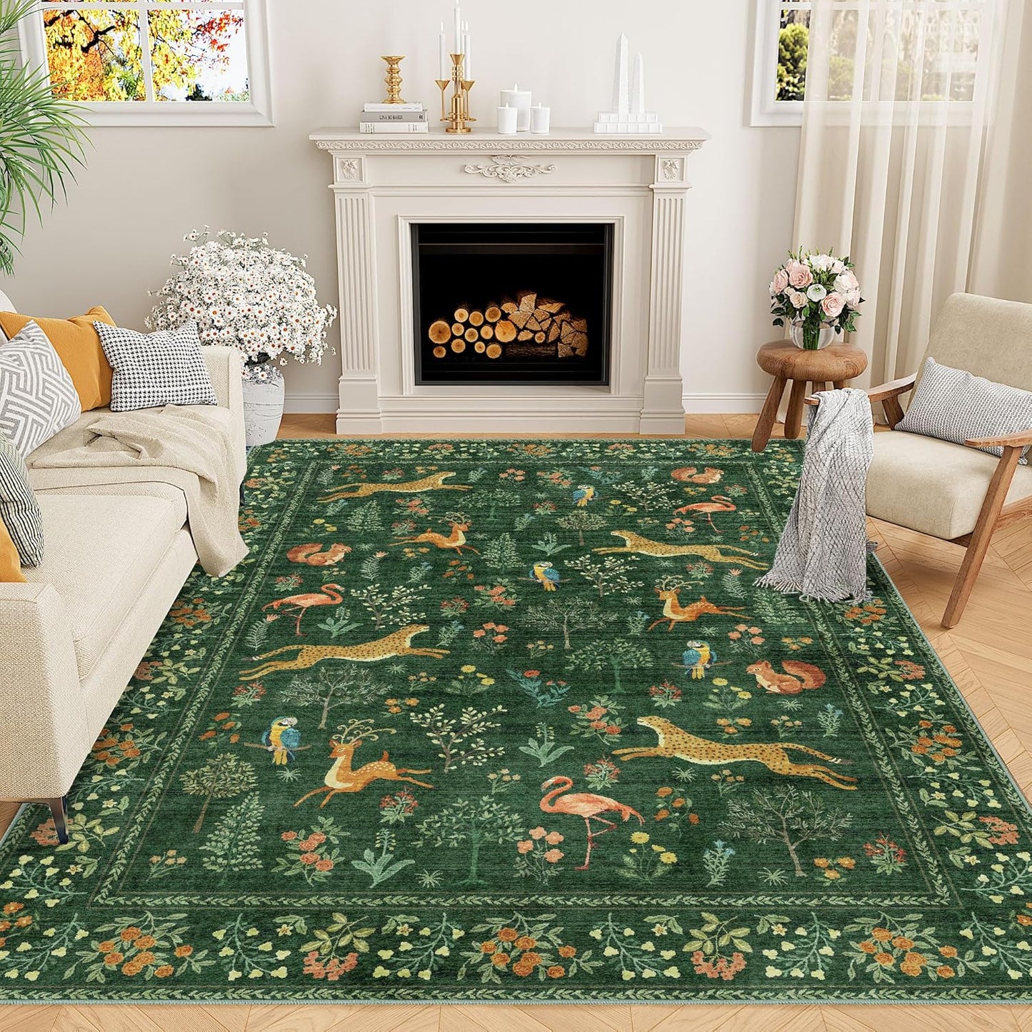 DUKINO 6x9 Rug, Washable Animal Living Room Rug with Non Slip Vintage Design, Soft Low Pile Large Carpet for Bedroom, Nursery, Dining Room, Farmhouse, Playroom, Green