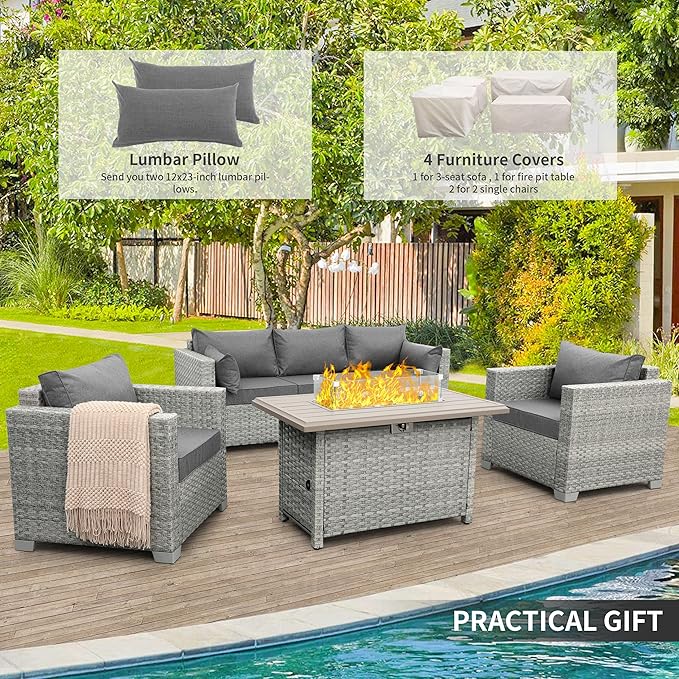 WAROOM Patio Furniture Set 4 Piece Wicker Conversation Sets PE Rattan Chair Outdoor Couch Sectional Sofa with Fire Pit Table, Grey Cushion