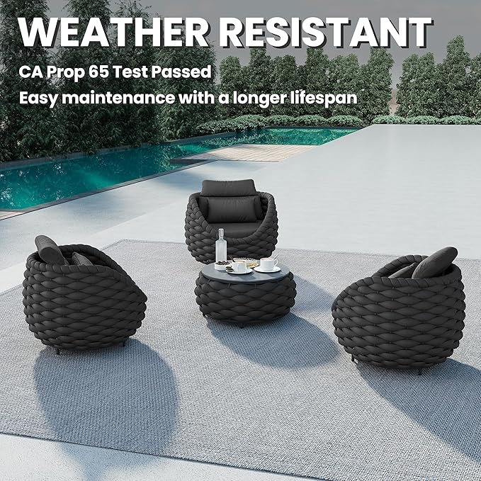 Erotr Balcony Furniture Set for Apartments: 4 Pieces Aluminum Woven Rope Patio Conversation Set - Modern Cushioned Lounge Chair Set - Assembled Porch Armchair for 400lbs Garden Lanai Hotel, Dark Grey