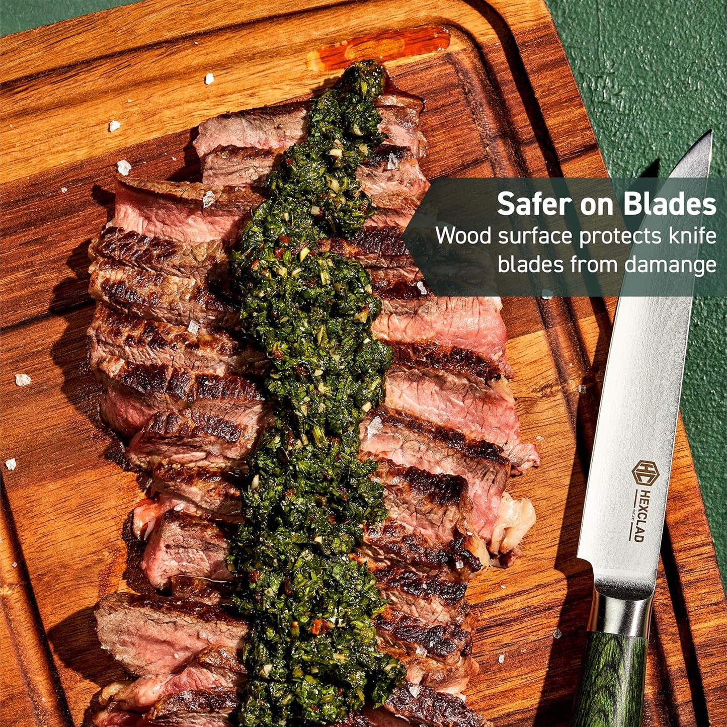 HexClad 4-Piece Bistecca Wooden Steak Plate Set with Juice Channel for Meats, Stackable Design with Straight Edges and Completely Flat Base, Easy to Clean, Lightweight and Durable