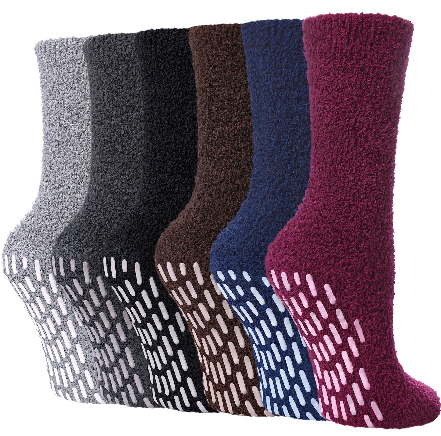 FNOVCO Non Slip Socks for Women Winter Warm Cozy Fuzzy Slipper Socks Soft Fluffy Hospital Socks with Grips (6 Pairs Classic Dark)