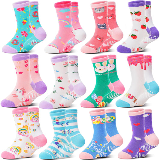 Welwoos Baby Girls Toddlers Grips Socks Kids Non Slip Anti Skid Funny Animal Cartoon Gift Cotton Socks with Grippers 12 Pairs Stocking Stuffers (Flower,3-5 Y)