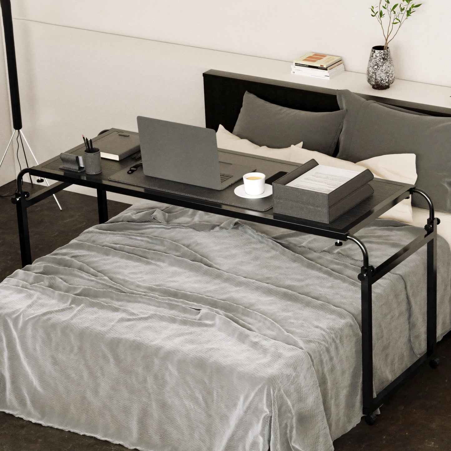 Elevon Over Bed Table with 360° Swivel Wheels & Adjustable Height, Queen Size Mobile Laptop Desk for Bed, Heavy Duty Metal Frame, Multipurpose Desk for Bed/Sofa Use (Black)