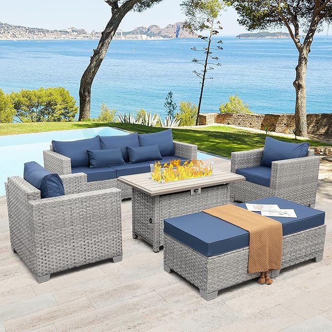 WAROOM Patio Furniture Set 6 Piece Grey Wicker Outdoor Sectional Sofa Balcony Furniture Couch PE Rattan Conversation Sets with Fire Pit Table, Blue Cushion